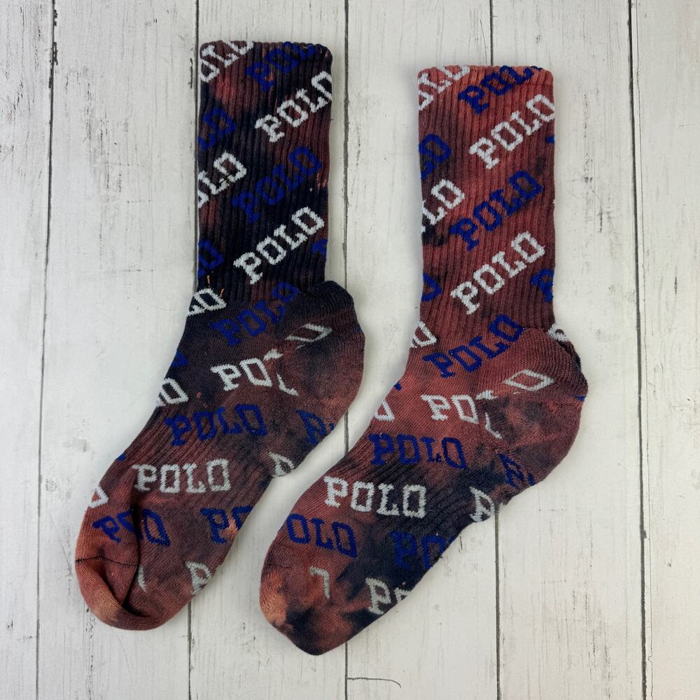POLO Ralph Lauren All Over Logo Spell-out Tie-Dye Crew Socks Unisex - Picture 2 of 10